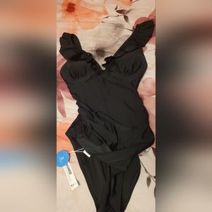 All black ruffle one piece bikini